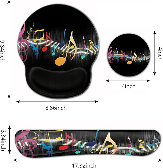 Ergonomic Gel Mouse Pad Wrist Support + Memory Foam Keyboard Wrist Rest for Home Office Gaming Desk Pad Easy Typing Pain Relief Hand Rest Pad Cute Round Desk Mat Music Note Pattern Black Mousepads