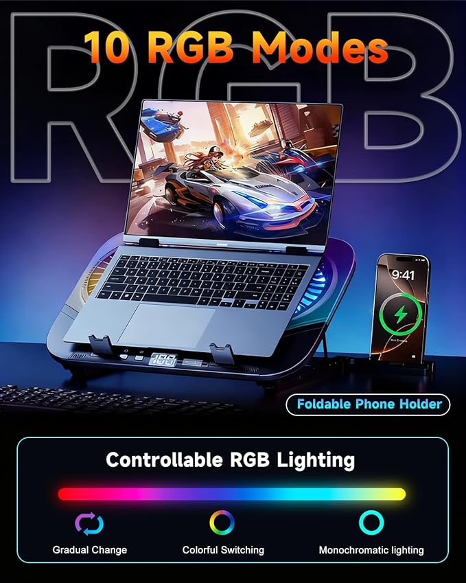 Upgraded Laptop Cooling Pad with Dual TEC Cooler Gaming Laptop Cooler 2 Powerful Turbo Fans Fast Cooling Laptop 12-21in 5 Height Stands 100 Gear Speed Adjust LCD Screen RGB Phone Holder