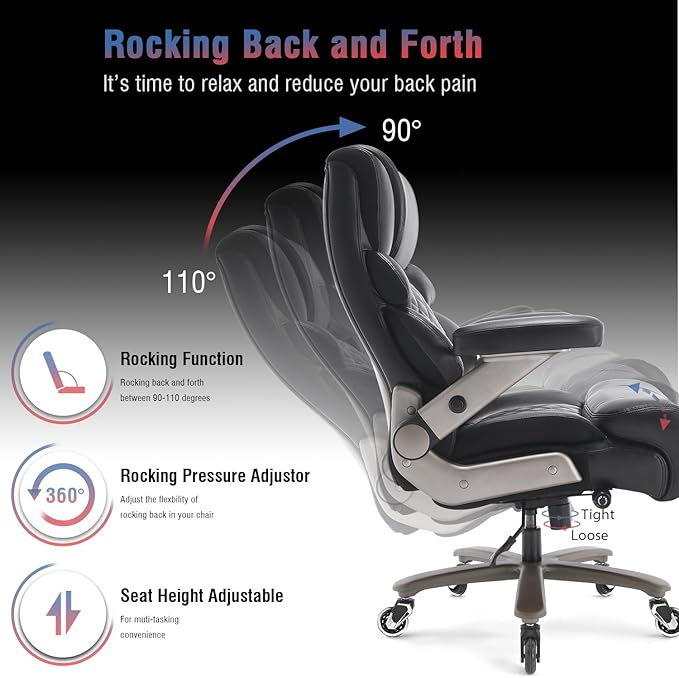 700lbs Big and Tall Office Chair - Adjustable Lumbar Support Heavy Duty Metal Base Quiet Rubber Wheels High Back Large Executive Computer Desk Swivel Chair Ergonomic Design for Back Pain Black
