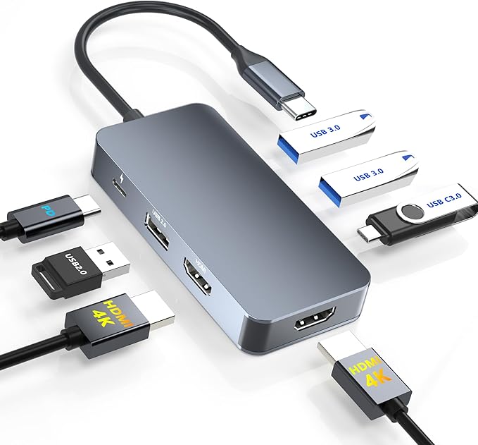 Docking Station Dual Monitor for Dell/HP/Mac Laptops 7 IN 1 USB C to Dual HDMI Adapter Multiport Hub with 2*4K HD 3*USB-A/USB-C Data Port 100W PD HDTV Splitter for Dual Monitors Extended Display