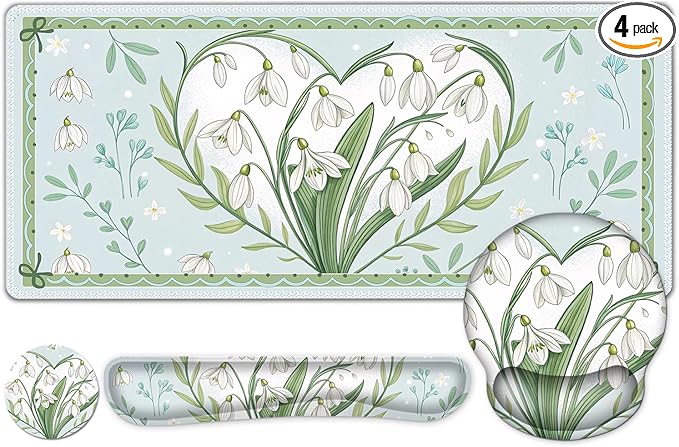 Floral Desk Mat 4in1 Large Mouse Pad with Wrist Rest Desk Matt for Desktop Desk Pad Mat Anti-Slip XXL Big Computer Ergonomic Mousepad with Wrist Support for Keyboard and Mouse I Green Flower Heart
