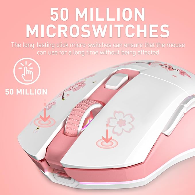 DAREU Sakura Pink Wireless Gaming Mouse with Charging Dock Rechargeable RGB12K DPI6 Programmable Buttons High-Precision Sensor [300IPS] [1000Hz] for PC Notebook Mac