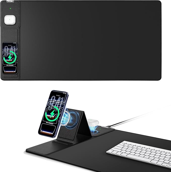 Mouse Pad with Magnetic Wireless Charging &amp Adjustable Phone Stand 31.5x15.8 Extended Desk Mat Waterproof Ultra-Smooth Keyboard Pad Non-Slip Base Black