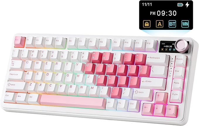 YUNZII B75 PRO MAX QMK/VIA Wireless Mechanical Keyboard75% Layout with Screen and KnobHot Swap GasketCreamy Pre-lubed SwitchesBluetooth/Type-C/2.4G for Win/Mac(White HeartCocoa Cream V2 Switch)