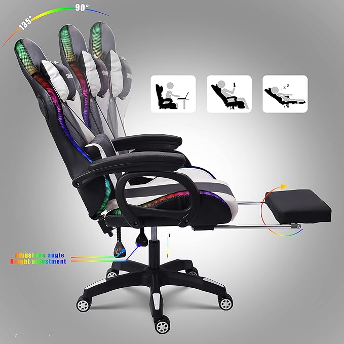 Ergonomic Gaming Chair with Footrest and Lumbar Support Video Gaming Chair with Speaker and LED Light Gaming Chair with Full Massage Function 90°-135° Tilting Computer Chair.White