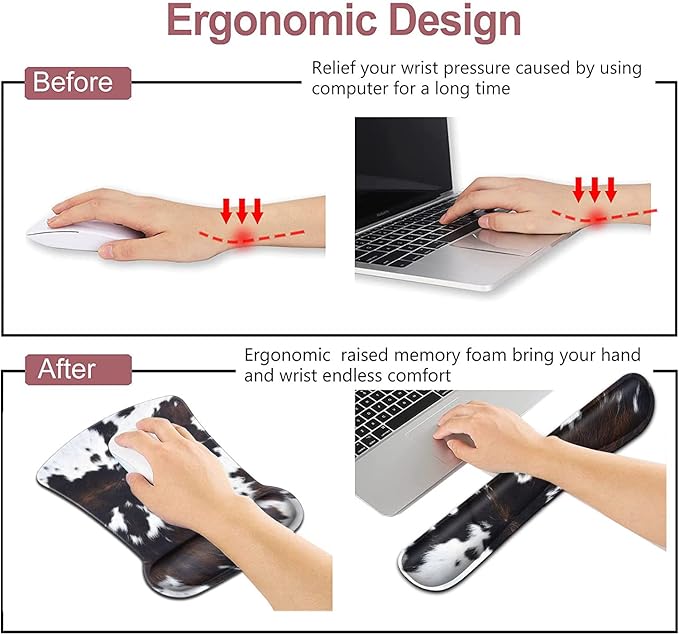 Keyboard Wrist Rest and Mouse Pad with Wrist Support Ergonomic Mouse Pad Coaster Easy Typing Pain Relief Mousepad Set Memory Foam Keyboard Wrist Rest Cowhide Brown Black Cow