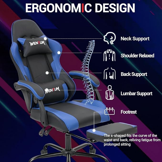 Gaming Chair with Footrest for Adults - PU Leather Video Game Chair w/Massage Lumbar Support for Men Women Ernogomic Computer Gamer Chair for Home Office Height Adjustable Blue