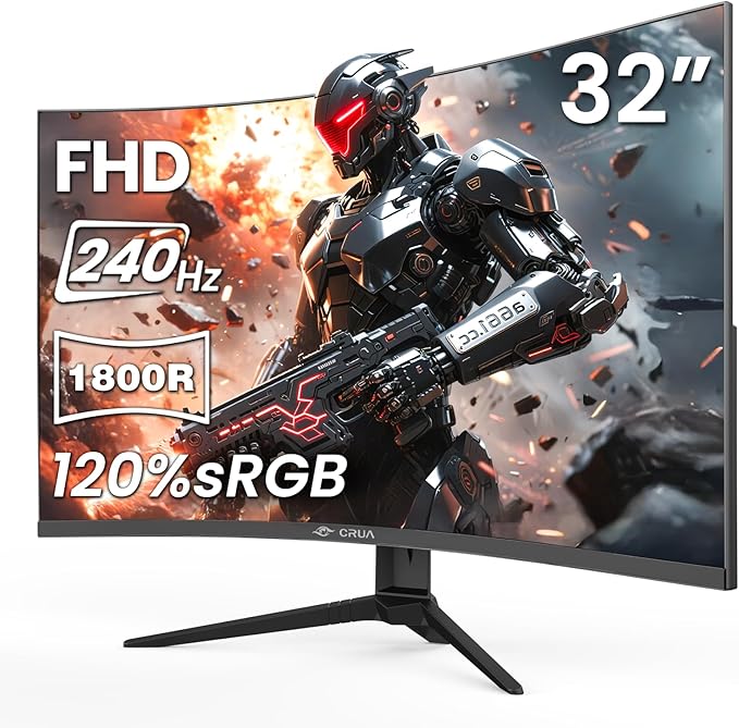 CRUA 32 Curved Gaming Monitor 240Hz Full HD 1920×1080P VA Panel 1800R Ultra-Wide Screen 120% sRGB Color AMD FreeSync Low Blue Light HDMI 2.0 &amp DP 1.4 Ports Wall Mountable Installs-Black