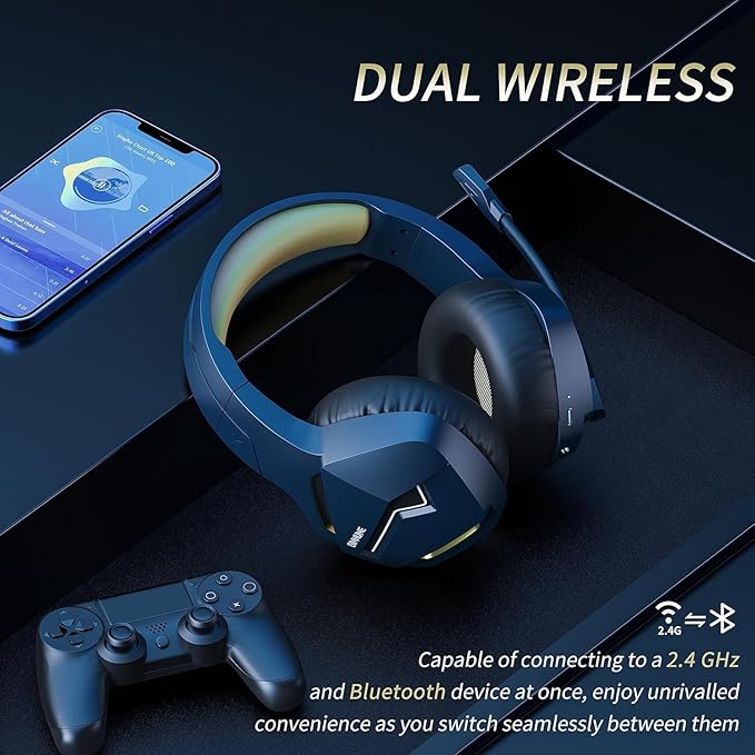 BINNUNE 2.4GHz Wireless Gaming Headset Bluetooth 5.3 Gaming Headphones with Noise Canceling Mic 120H Ultra-Long Battery 50mm Drivers Multi-Platform for PC / PS5 /PS4/ Switch/Mobile Gold
