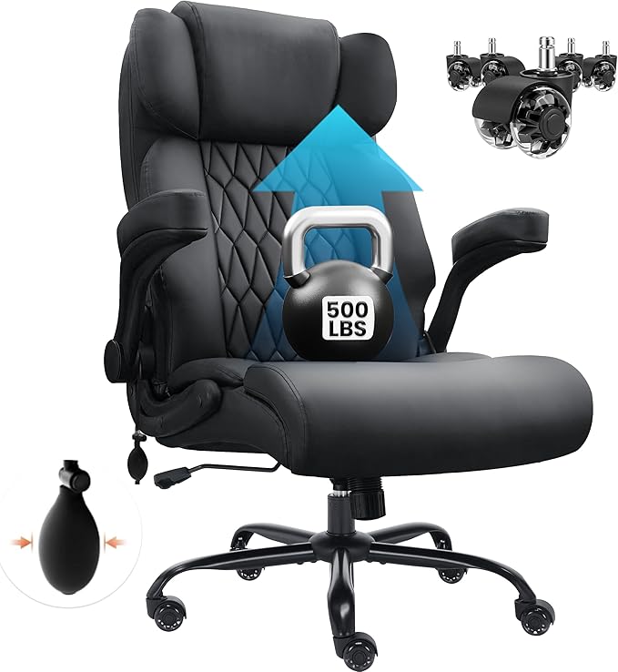 500lbs Big and Tall Office Chair Adjustable Lumbar Support for Back Pain Extra Wide Seat Executive Office Chair Thick Armrest Pad Heavy Duty Base&ampUpgraded Wheels Ergonomic Comfy Computer Desk C