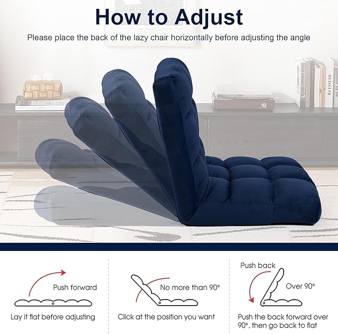 Floor Chair 24 inches Wide Oversized Velvet Armless Lay Flat Floor seat Padded Meditation Chair with 6 Adjustable Position Ergonomic Comfortable Convenient(LRSF-013-NAVY)