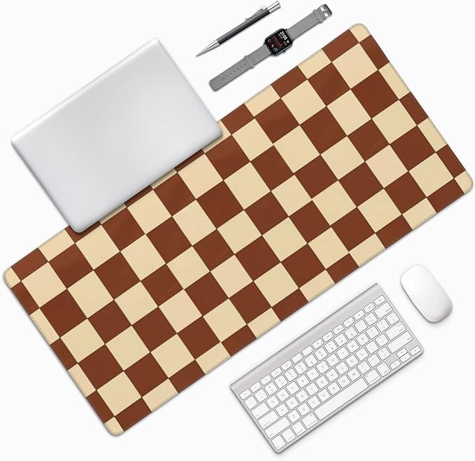 Brown Beige Checkered Mouse Pad Large Desk Mat for Keyboard and Mouse Non-Slip Gaming Mousepad Office Desk Accessories for Computer 35.4x15.7Inch