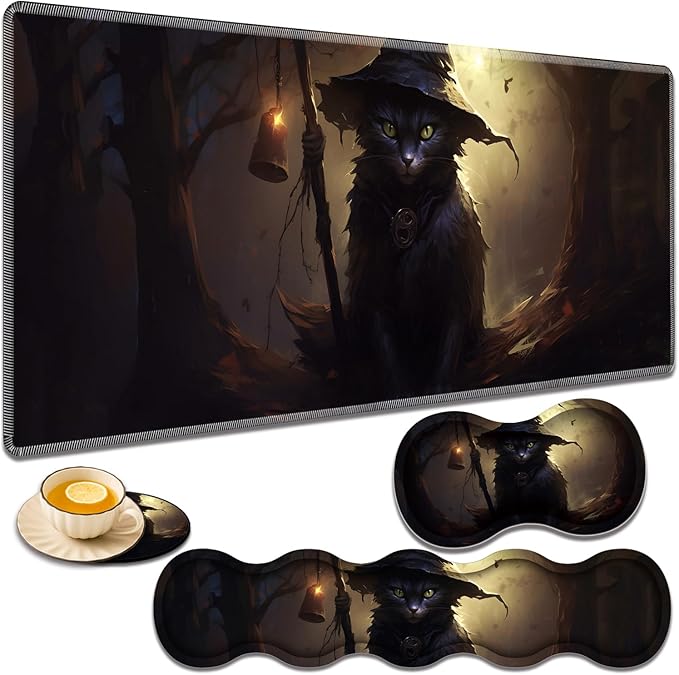 Gaming Mouse Pad Set Large Gaming Mouse Pad+Keyboard Wrist Rest+Mouse Wrist Rest+Coaster Easy Typing Pain Relief 31.5 × 11.8 inch Desk Mat for Home Office - Black Cat Witch
