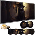 Gaming Mouse Pad Set Large Gaming Mouse Pad+Keyboard Wrist Rest+Mouse Wrist Rest+Coaster Easy Typing Pain Relief 31.5 × 11.8 inch Desk Mat for Home Office - Black Cat Witch
