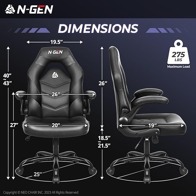 N-GEN Video Gaming Computer Chair Ergonomic Desk Office Chair for Adults with Lumbar Support Flip-Up Arms Adjustable Height Swivel Wheels PU Leather Executive Design for Home and Office (Jet Black)