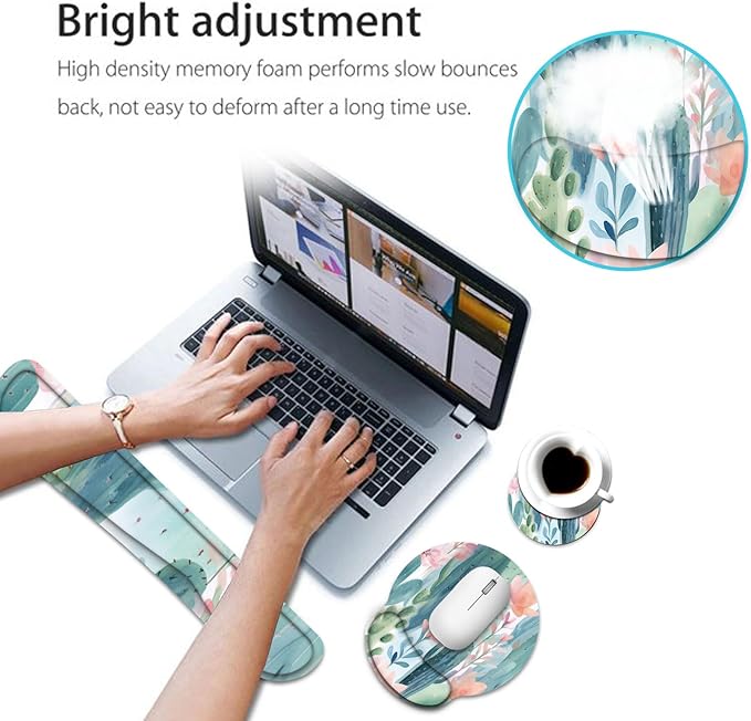Keyboard Wrist Rest and Mouse Pad Wrist Support Set with CoasterErgonomic Mouse PadComfortable for Easy Typing Pain ReliefMemory Foam Keyboard Pad Set for Laptop MacColorful Cactus
