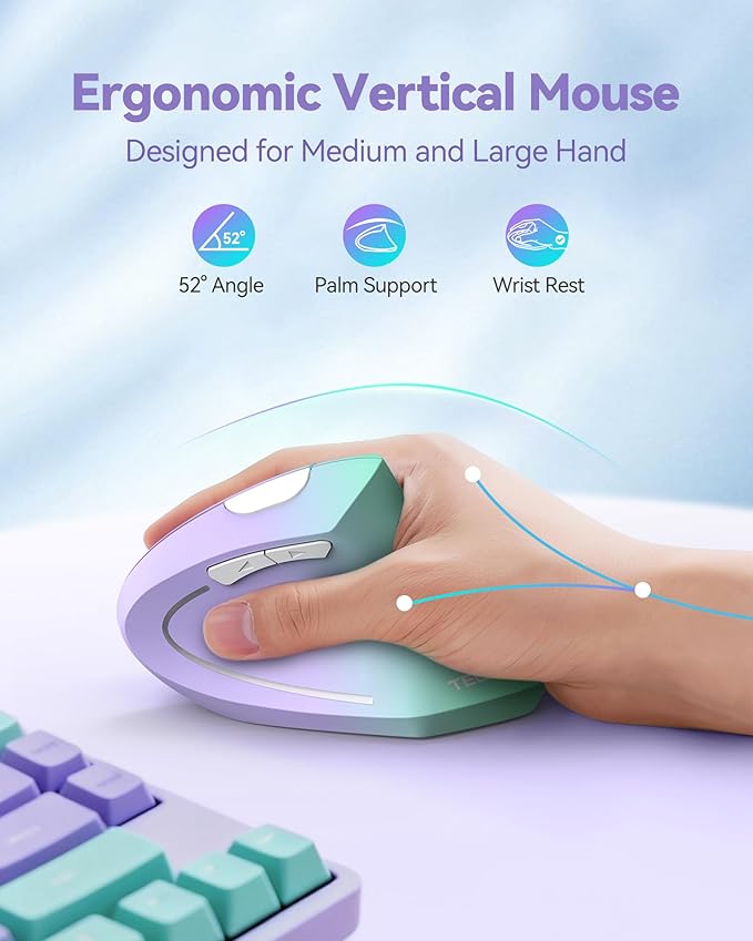 TECKNET 2.4G Ergonomic Mouse Vertical Wireless - 4800 DPI Optical Carpal Tunnel Mice Right Hand 4800 DPI Adjustable Quiet Clicks 6 Buttons for Laptop Desktop PC Computer - Green Purple