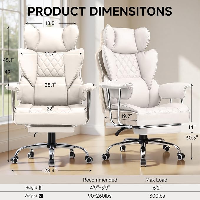 COMHOMA Big and Tall Office Chair High Back Leather Gaming Chair with Footrest Executive Ergonomic Office Chairs with Pocket Spring Lumbar Support and with Outward Fixed Soft Armrests