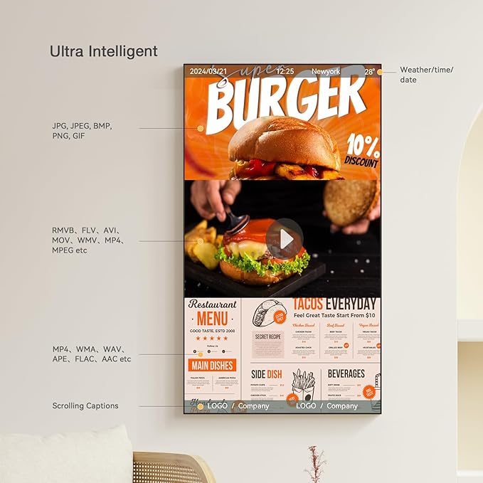Digital Signage Display 32 inch Wall Mount Digital Menu Board for Restaurants and Stores Advertising Screen 700 nits Ultra-High Brightness FHD Free Web Content Editor Android 2GB + 32GB
