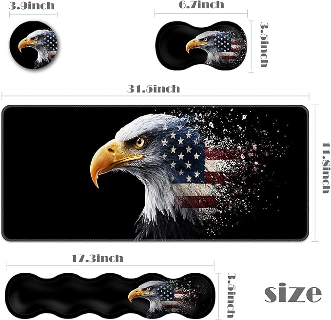 Ergonomic Keyboard Wrist Rest &amp Mouse Pad Wrist Rest SetXL Gaming Desk Mat 31.5x 11.8Non-Slip BaseMemory FoamEasy Typing Pain Relief for Office &amp HomeEagle American Flag