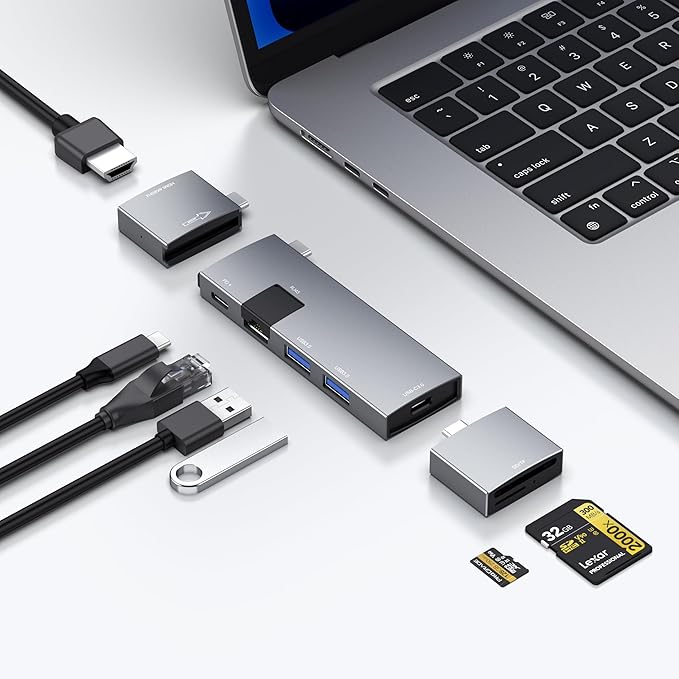 USB C Hub for MacBook USB-C Hub 7-in-2 for Thunderbolt 4 Port 4K 60Hz HDMI Ethernet 2 USB A Data Ports microSD SD Card Reader for MacBook Pro 13 Inch MacBook Air M1 M2 M3 iPad Dell Lenovo