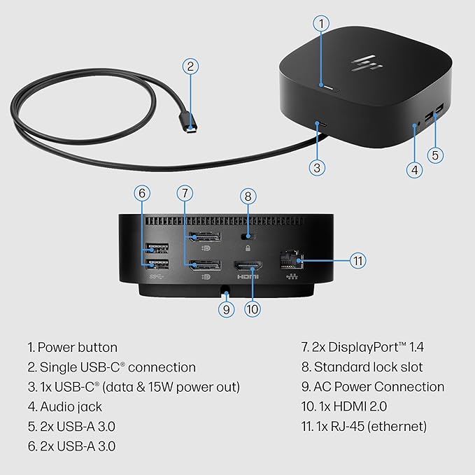 HP USB-C Dock G5-11-in-1 Adapter for Both USB-C and Thunderbolt-Enabled Laptops PCs &amp Notebooks - for Charging Networking or Data Transfers - Great for Secure &amp Remote ManagementBlack