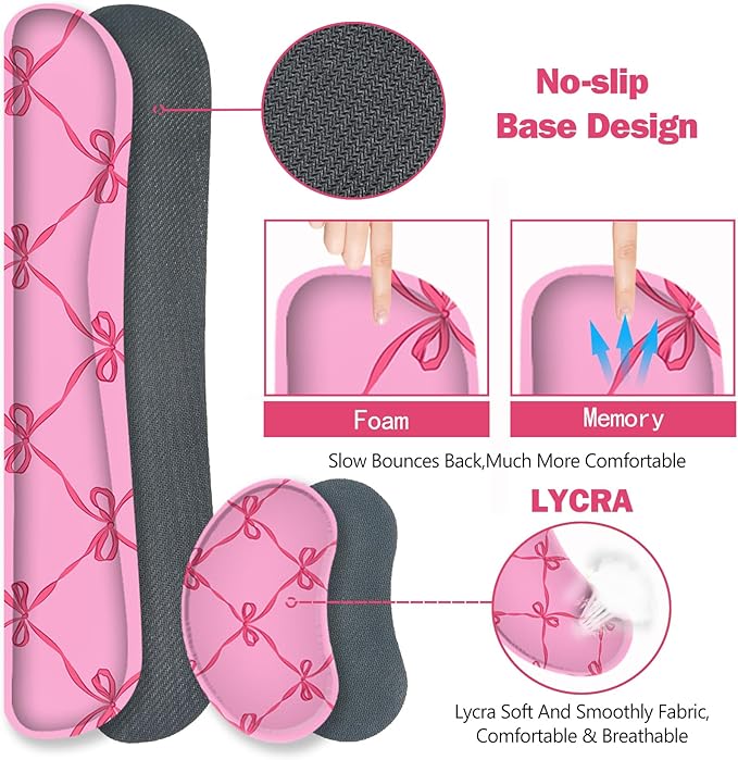 ToLuLu Large Mouse Pad Desk Pad Set Wrist Rest Support Desk Mat for Keyboard Mouse 4PCS 35.4”x15.7 XXL Giant Mouse Pad Non-Slip Base Stitched Edges Mousepad Office Desk Decor Hot Pink Bow