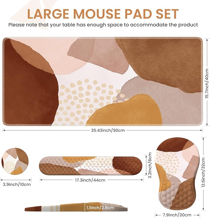 Large Mouse Pad with Wrist Rest and Keyboard Pad Desk Pad Mat Set 4PCS Carpal Tunnel Boho Mousepad with Wrist Support Combo XXL Computer Office Desk Matt for Desktop Laptop Brown Coffee