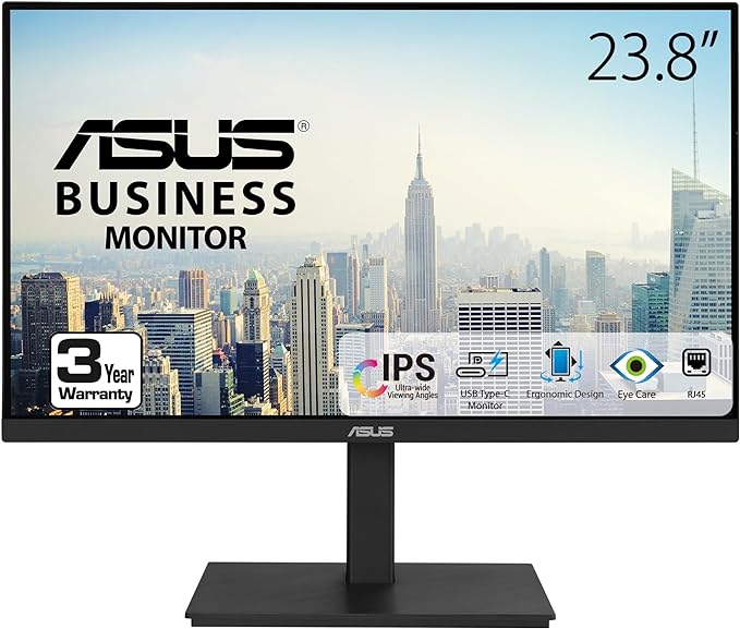 ASUS 23.8” 1080P Docking Monitor (VA24ECPSN) - Full HD IPS 75Hz Adaptive-Sync Speakers Eye Care Low Blue Light Flicker Free USB-C RJ45 HDMI Frameless Height Adjustment VESA Wall Mountable