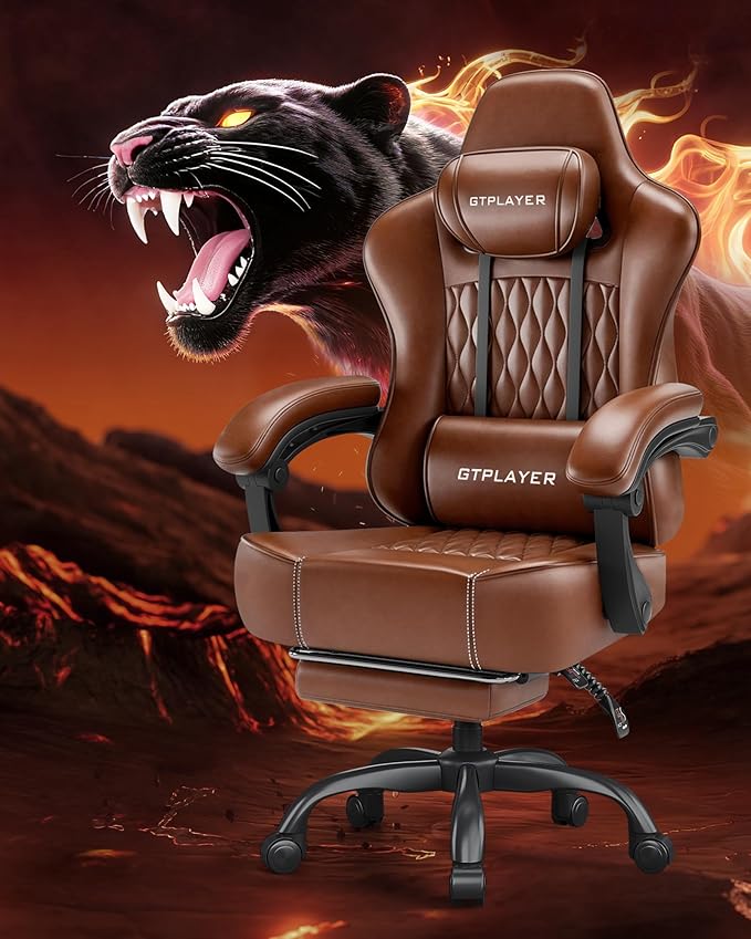 GTPLAYER Big and Tall Gaming Chair with Footrest Ergonomic Office Desk Chair with 4.4in Thick Cushion and Wide Wingless Seat Comfortable Leather Computer Chair Predator Series Chocolate Brown