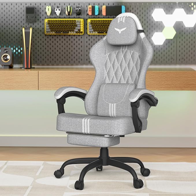 Ferghana Cotton Fabric Gaming Chair with Wider Seat Cushion Diamond Double-Stitching Ergonomic High Back Game Chair with Footrest Computer Chair with Massage Lumbar Support for Adult Gray/White