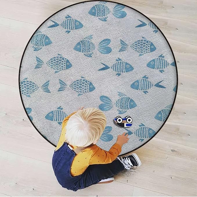 Ocean Animal Decor Gaming Chair Mat Round Floor Mats for Office Chair Computer Gaming Desk Mat for Rolling Chair Non-Slip Gaming Rug Fish Figures Hand Drawn Marine ArtworkBlue Diameter 39.3 in