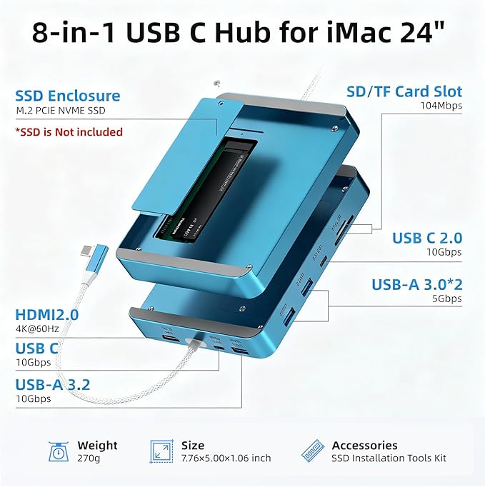 USB C Hub for Mac 24 inch 2021/2023/2024 8 in 1 iMac USB Hub with M.2 SSD Expansion (SSD Not Included)with USB A/C 3.2 10Gbps SD/TF HDMI iMacM1 M3 M4 Dock Accessories
