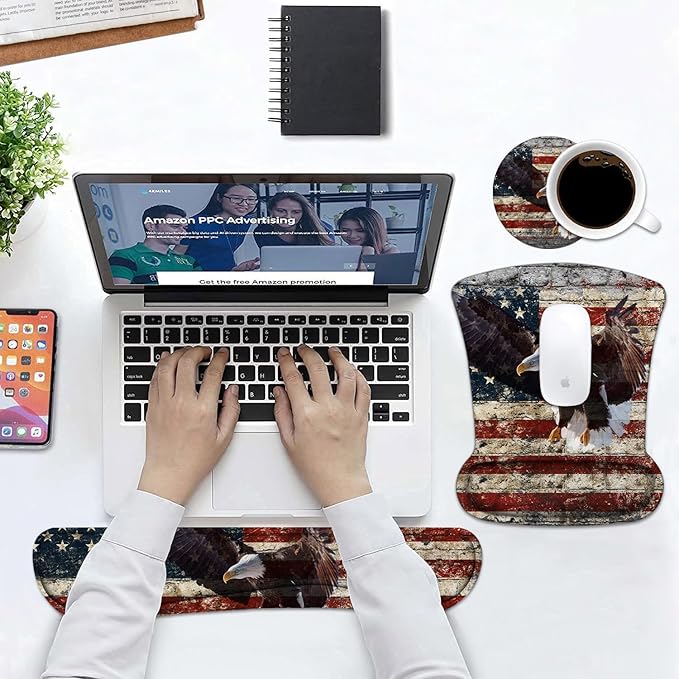Keyboard Wrist Rest and Mouse Pad Wrist Support Set with Coasters Non-Slip PU Base Ergonomic Mousepad for Computer Laptop Home Office Easy Typing &amp Pain Relief Military Wall Graffiti USA Flag Ea