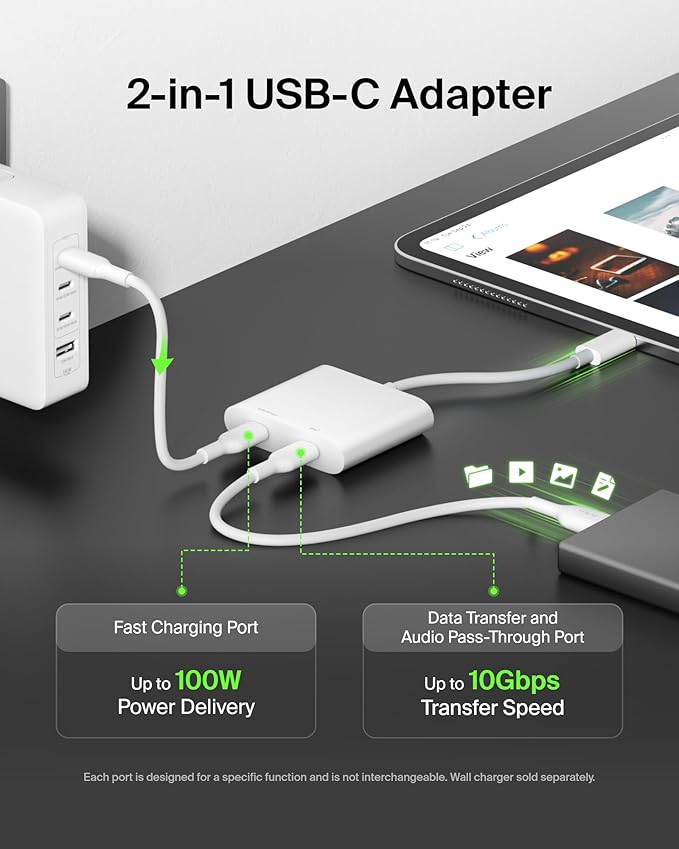 Belkin USB C Splitter - Dual Port Hub - 1 x USB-C 3.2 Gen2 Port &amp 1 x 100W PD Port - Simultaneous Data Transfer &amp iPhone Charger Fast Charging - Apple iPhone 17 iPad Nintendo Switch 2 &amp