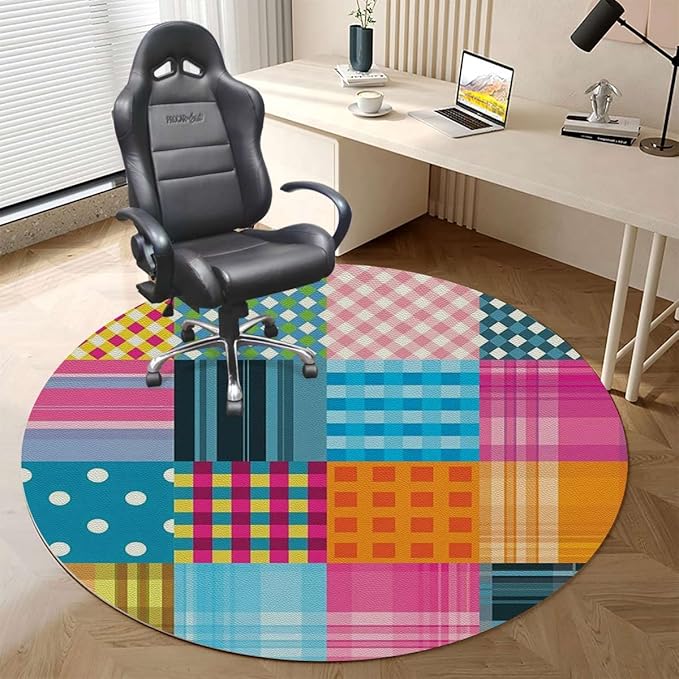Multicolor PU Leather Office Gaming Rolling Floor Mat Rainbow Colored Mosaic Pattern Squares Computer Gaming Rolling Chair Mat for Home Office Hardwood Floor Abstract Diameter 55 in