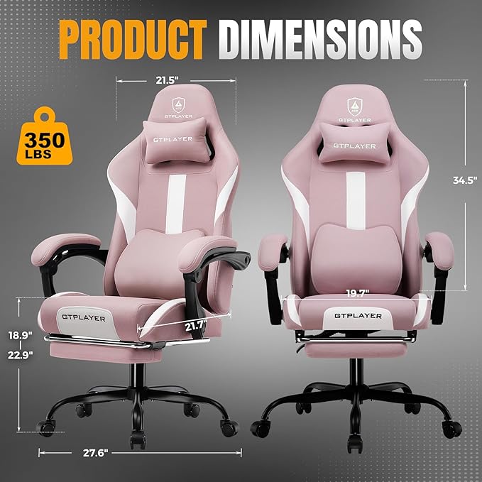 GTPLAYER Gaming Chair with Foot Rest &amp Pocket Spring Cushion Breathable Fabric for Home Office Desk Ergonomic High Back Computer Chair with Headrest &amp Lumbar Support Pink