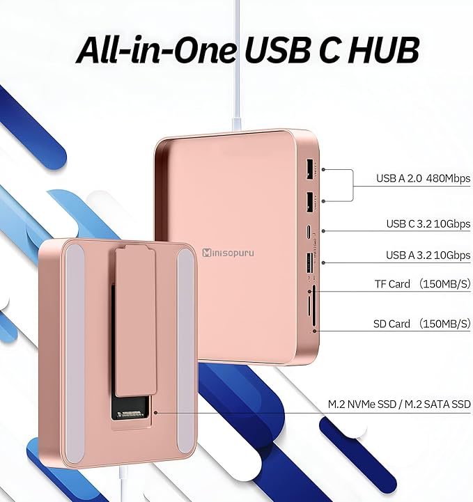 USB C Hub for iMac 24 inch 2021/2023/2024 Minisopuru iMac Hub Support M.2 NVMe SSD iMac Accessories for iMac M1/M3/M4 iMac Adapter with USB A/C 10Gbps SD/TF M.2 SSD (Not Included) Pink.