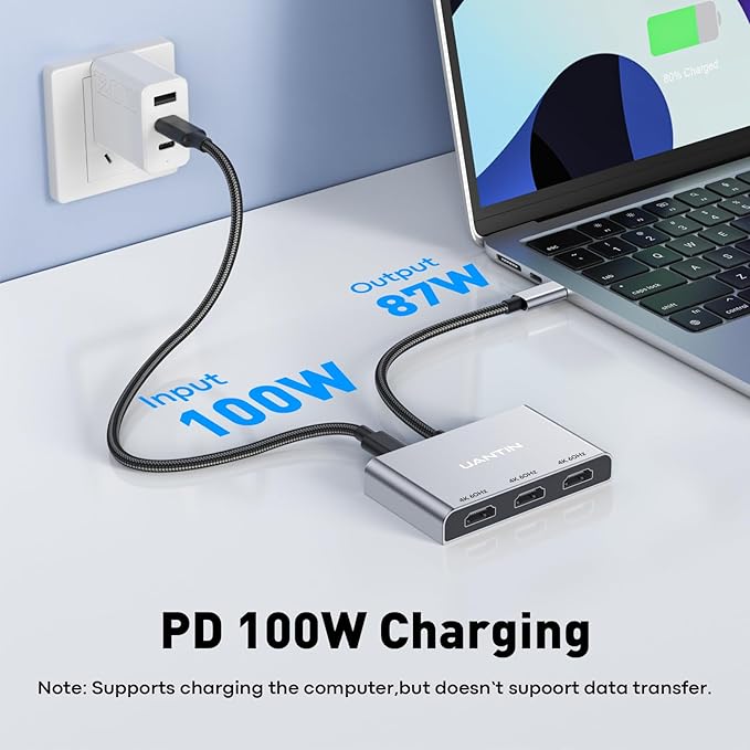 USB C to 3 HDMI Adapter with PD 100W 4K@60Hz HDMI Splitter Extended Display for Multi-Monitors Adapter for 3 Monitor Windows Allows Display 4 Separate Screens macOS Only Mirror Mode