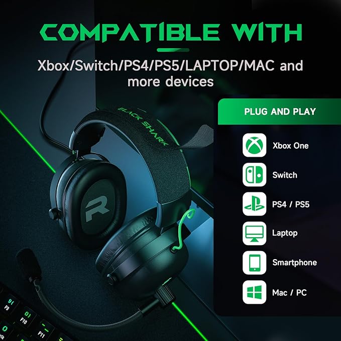Black Shark Gaming Headset with Noise Canceling Cardioid Mic Over-Ear Headphones for PC PS4 PS5 Xbox Switch 50mm Dynamic Drivers &amp LED Light