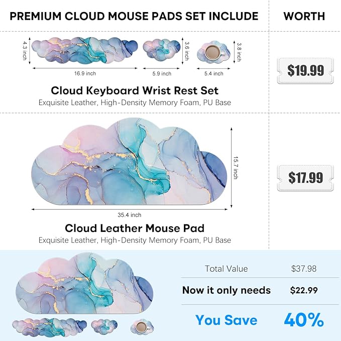 JIKIOU Large Cloud Mouse Pad Waterproof with Cloud Keyboard Wrist Pad and Cloud Mouse Wrist Pad Set Ergonomic Computer Desk Wrist Support Mousepad for Keyboard and Mouse 35.4x15.7in Marble Blue