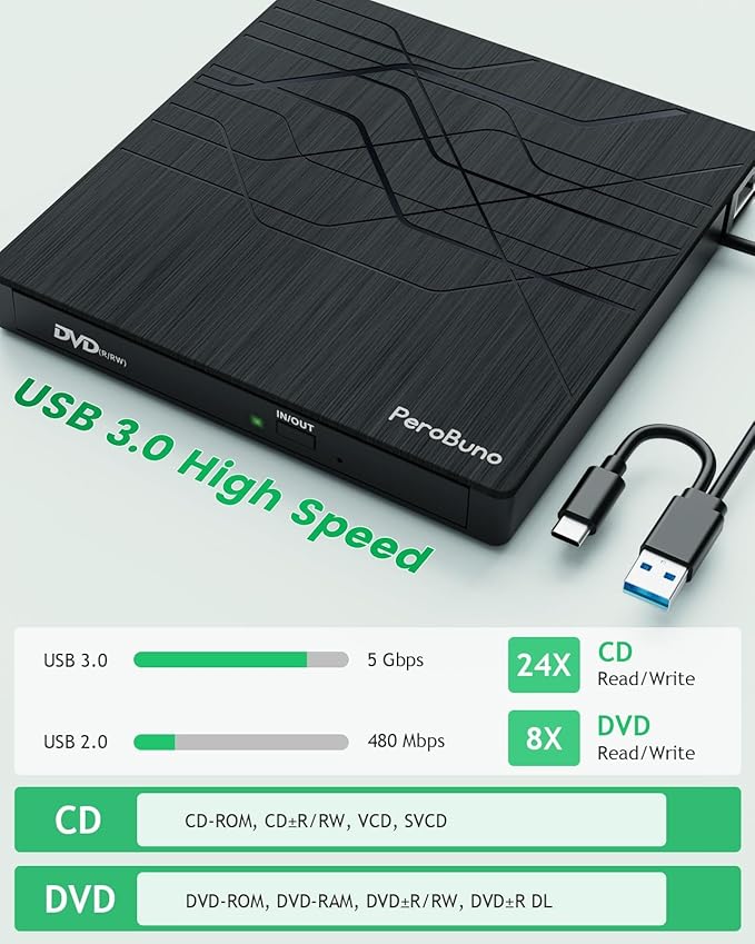 Super External CD DVD Drive USB 3.0 DVD Burner with Ethernet Adapter 3 USB and 2 TF/SD Card Ports CD DVD Player Reader Writer Optical Disk Drive for Laptop PC Mac Windows Linux with Carrying Case