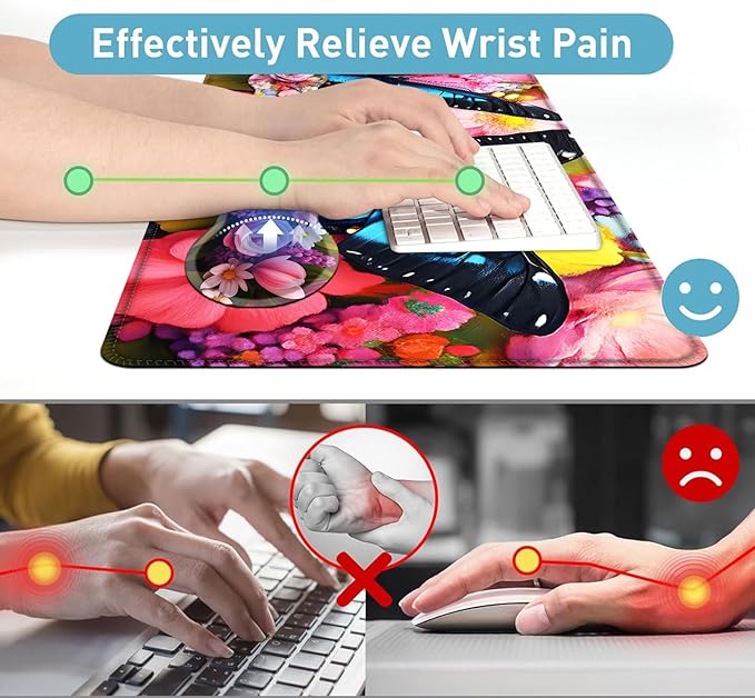 Large Mouse Pad and Keyboard Wrist Rest Desk Pad for Keyboard and Mouse 4-in-1 Large Gaming Mouse Pad with Wrist Support Desk Mat for Home Office Study GameColorful Butterfly and Flower