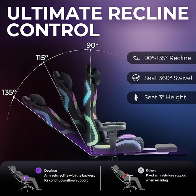 Dowinx Gaming Chair with RGB LED Lights Ergonomic Game Chair with Footrest Massage Lumbar Support Computer Gamer Chair for Adults Teens Black Green