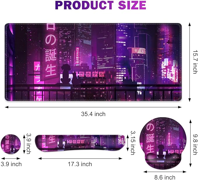 Gaming Mouse Pad Large Desk Mat Cute Desk Pad 4in1 XXL Mousepad + Keyboard Wrist Rest+Mouse Wrist Rest+Coaster Set with Ergonomic Desk Pad for Home Office Table Computer Purple Anime Neon