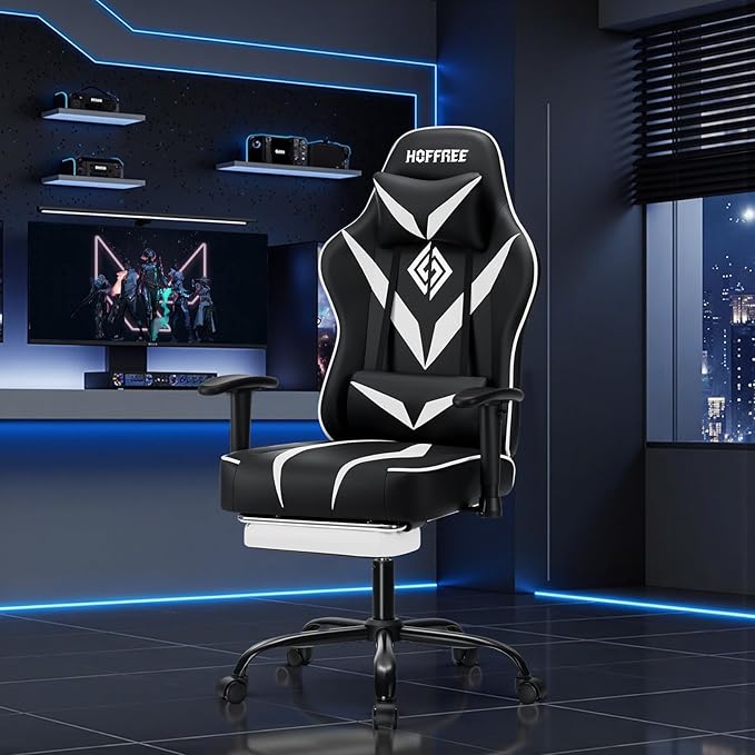 Gaming Chair with Massage Pocket Spring Cushion 155° Reclining Gaming Chair with Footrest and Adjustable Armrests Ergonomic Video Game Chairs White and Black