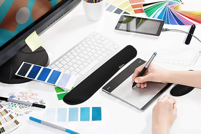 iFine Upgrade Enlarged Smooth Fabric Memory Foam Keyboard Mouse Wrist Rest Pad Cushion Support for Computer Laptop Mac Office or Home for Pain Stress-Free Typing - Black with Free 3 Cable Organizers