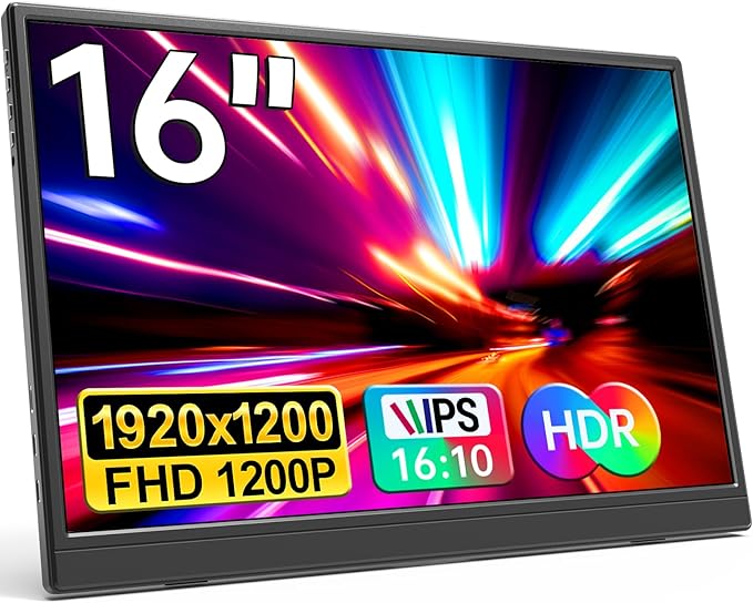 Portable Monitor 16.0inch FHD 1920 * 1200P USB C HDMI Ultra-Slim IPS Travel Display &amp Speakers HDR Plug&ampPlay External Monitor for Laptop PC PhoneMac
