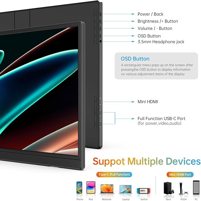 14 Inch Portable Monitor FHD1200P Ultra-Slim for Laptop Monitor USB-C&ampHDMI Plug&ampPlay100% SRGBDual Speakers Extender Display. Built-in Standfor LaptopPC Phone Xbox PS4/5