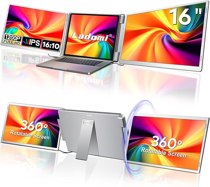 16 Laptop Screen Extender 1200P FHD Triple Portable Laptop Monitor Extender for 12-18.5 Laptops 16:10 Aspect Ratio Rotation Screen Compatible with MacOS Wins Chrome Surface